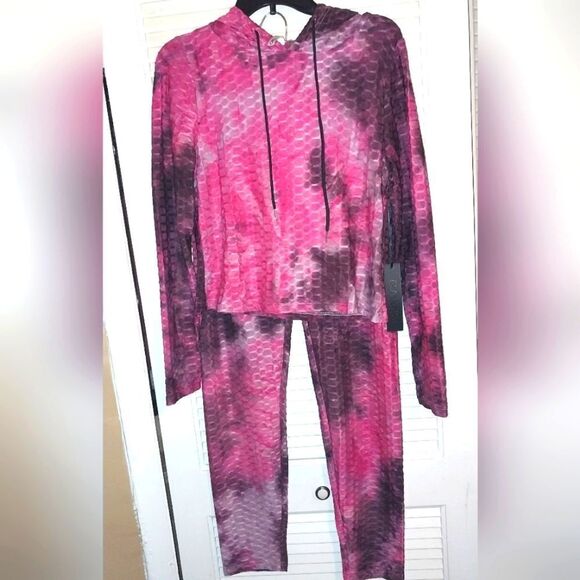 Women's Honeycomb Bubble Texture Tie Dye Butt Lift Activewear Sweatsuit Hooded L - Picture 3 of 10